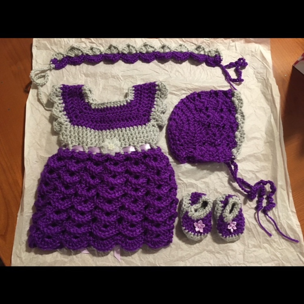 Never worn hand made baby girl dress, bonnet, headband and booties